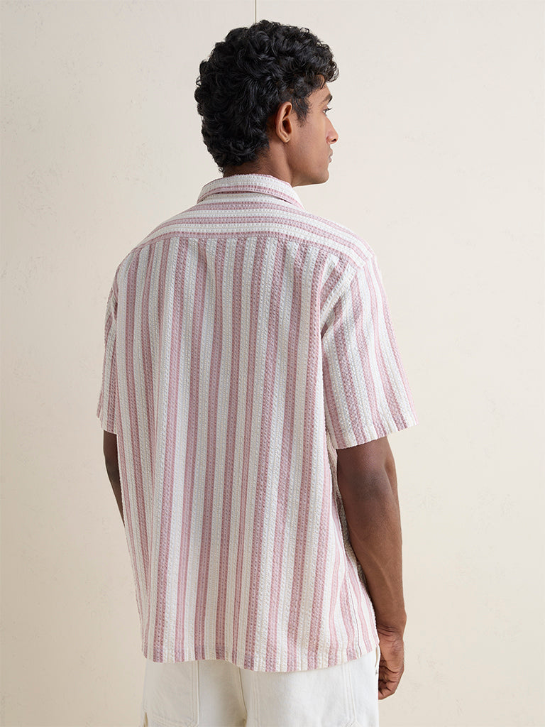 WES Casuals Dusty Pink Striped Relaxed-Fit Cotton Shirt