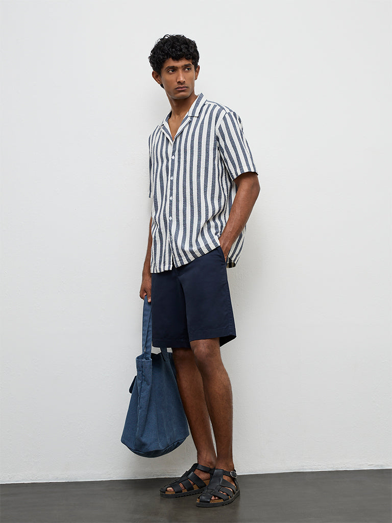 WES Casuals Navy Striped Relaxed-Fit Cotton Shirt
