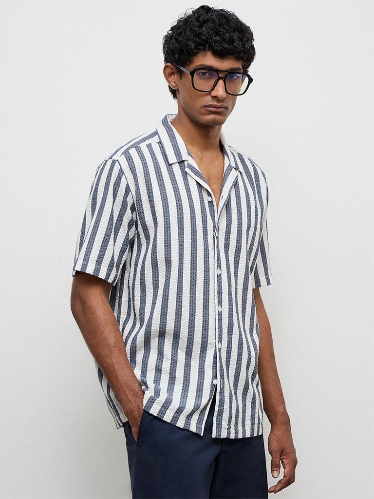 WES Casuals Navy Striped Relaxed-Fit Cotton Shirt