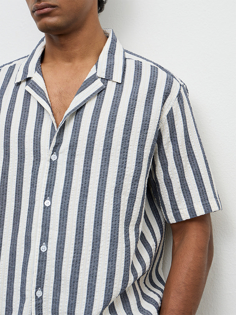 WES Casuals Navy Striped Relaxed-Fit Cotton Shirt