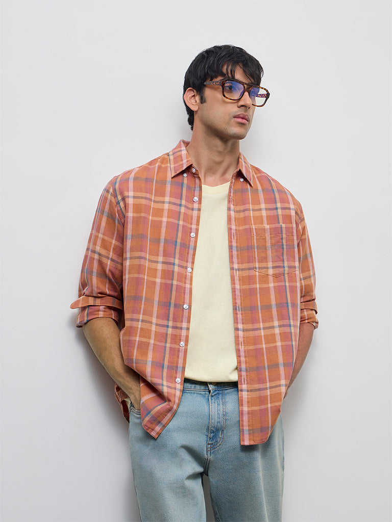 WES Casuals Orange Checkered Relaxed-Fit Cotton-Blend Shirt