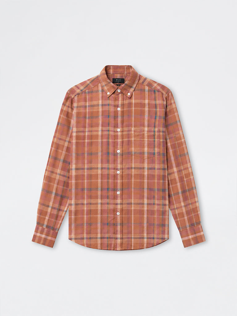 WES Casuals Orange Checkered Relaxed-Fit Cotton-Blend Shirt