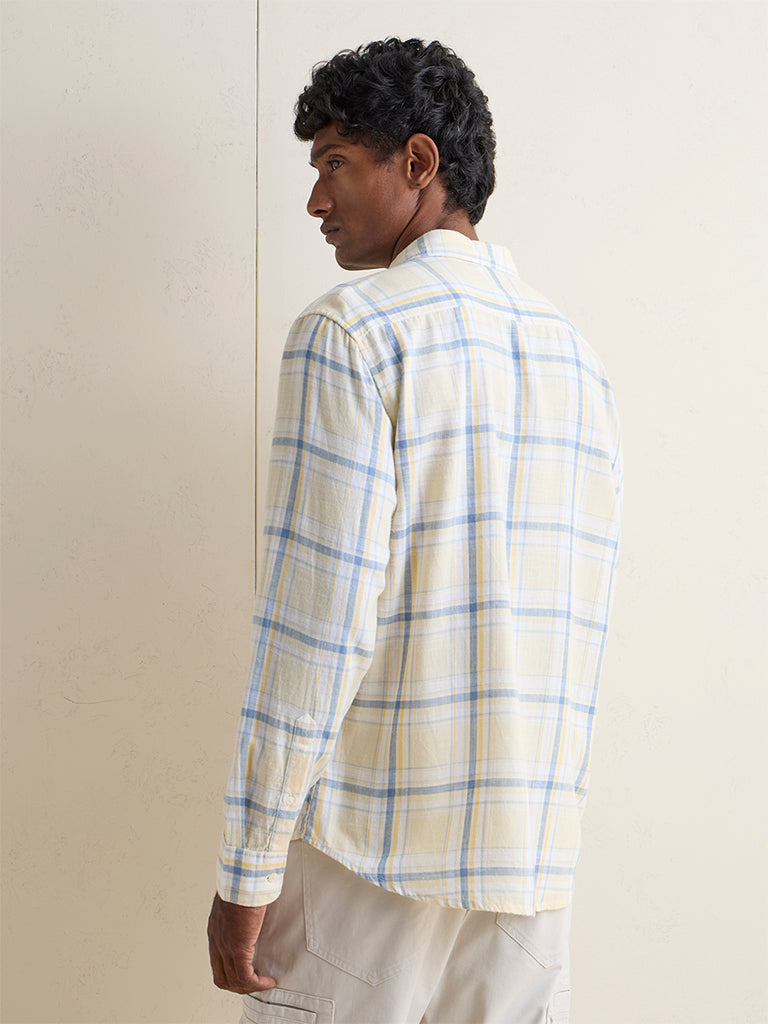 WES Casuals Light Yellow Checkered Relaxed-Fit Shirt