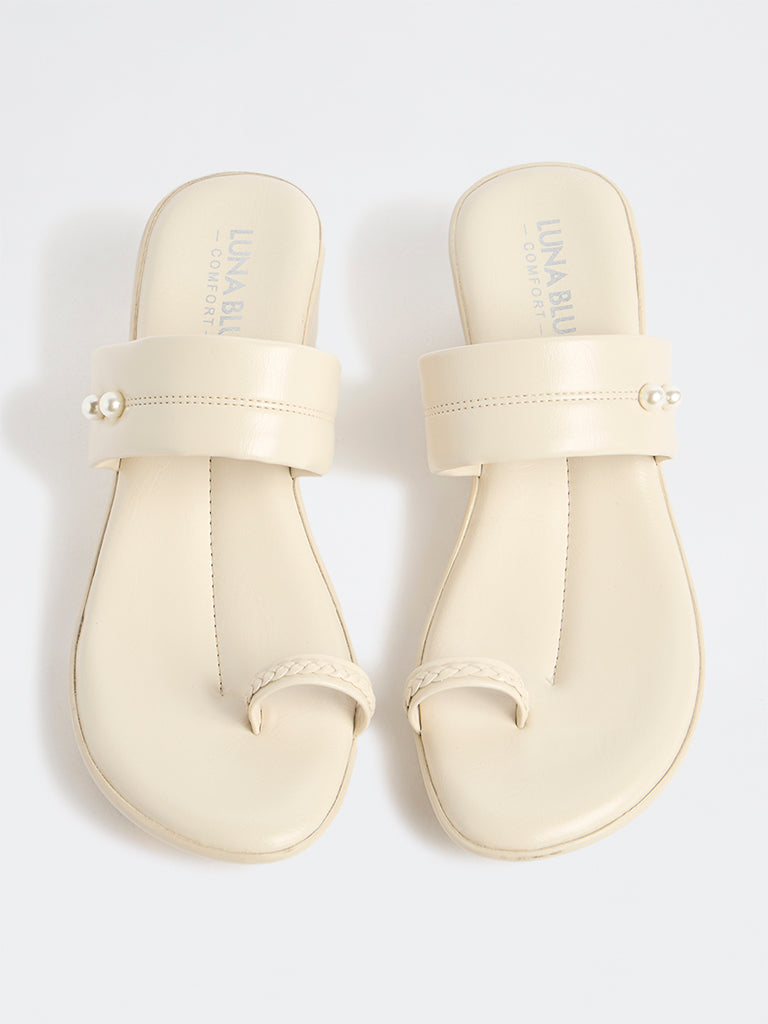 LUNA BLU Ivory Pearl-Detail Wedge-Heel Sandals