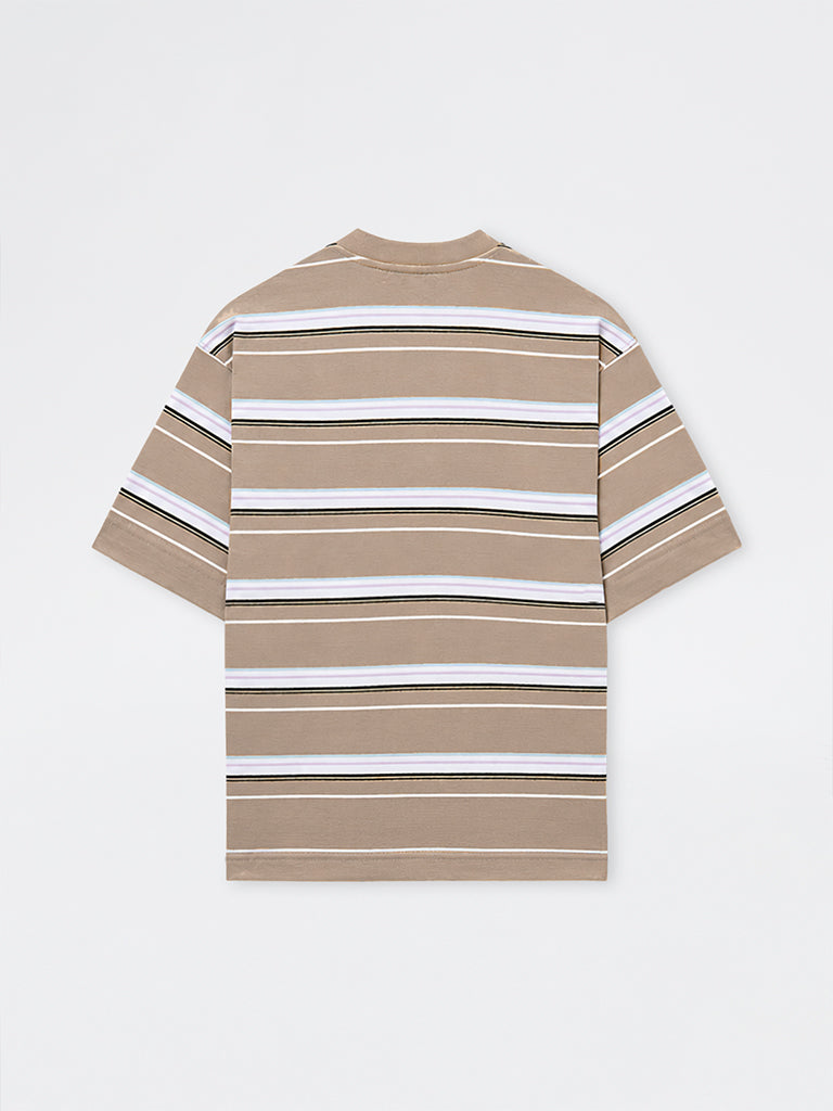 Nuon Taupe Striped Relaxed-Fit Cotton T-Shirt