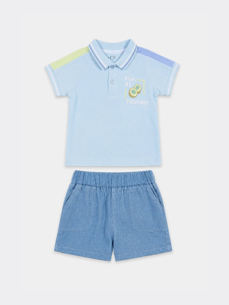 HOP Baby Boys Blue Printed Cotton T-Shirt and Shorts Set