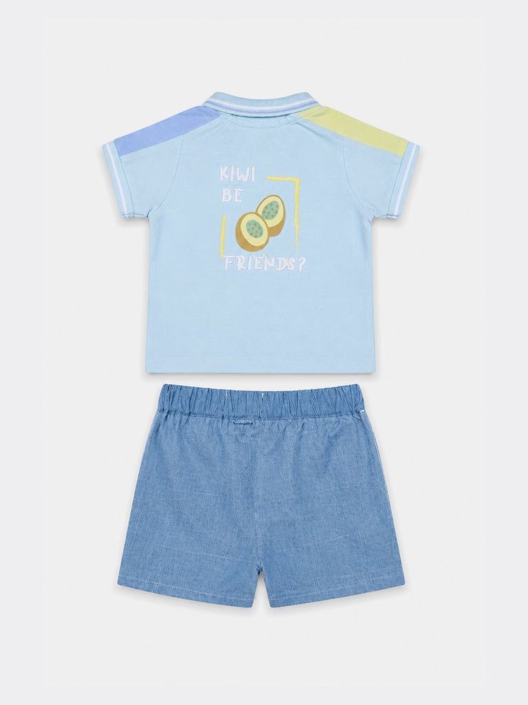 HOP Baby Boys Blue Printed Cotton T-Shirt and Shorts Set