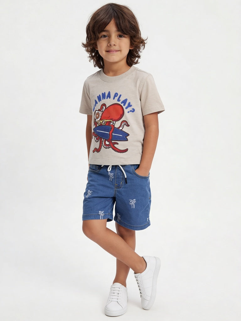 HOP Kids Boys Beige Stone Octopus Graphic Printed T-Shirt