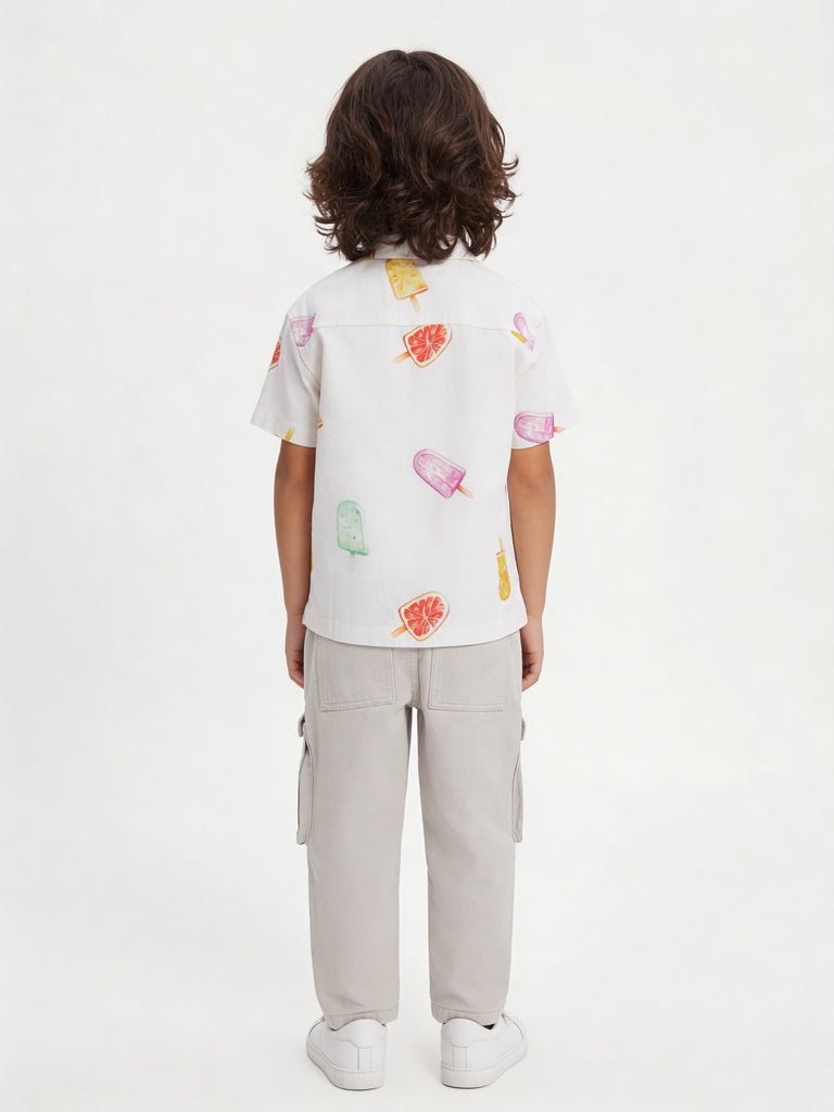 HOP Kids Boys Off-White Popsicle Printed Regular Fit Shirt