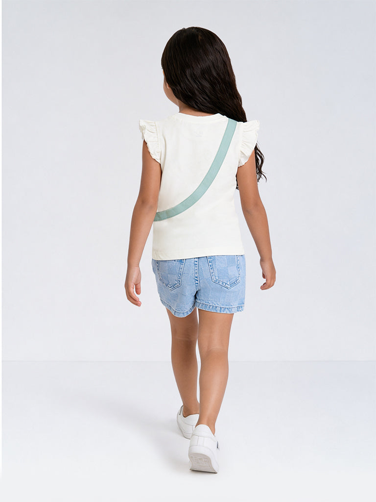 HOP Kids Girls Blue Checkered High-Rise Denim Shorts