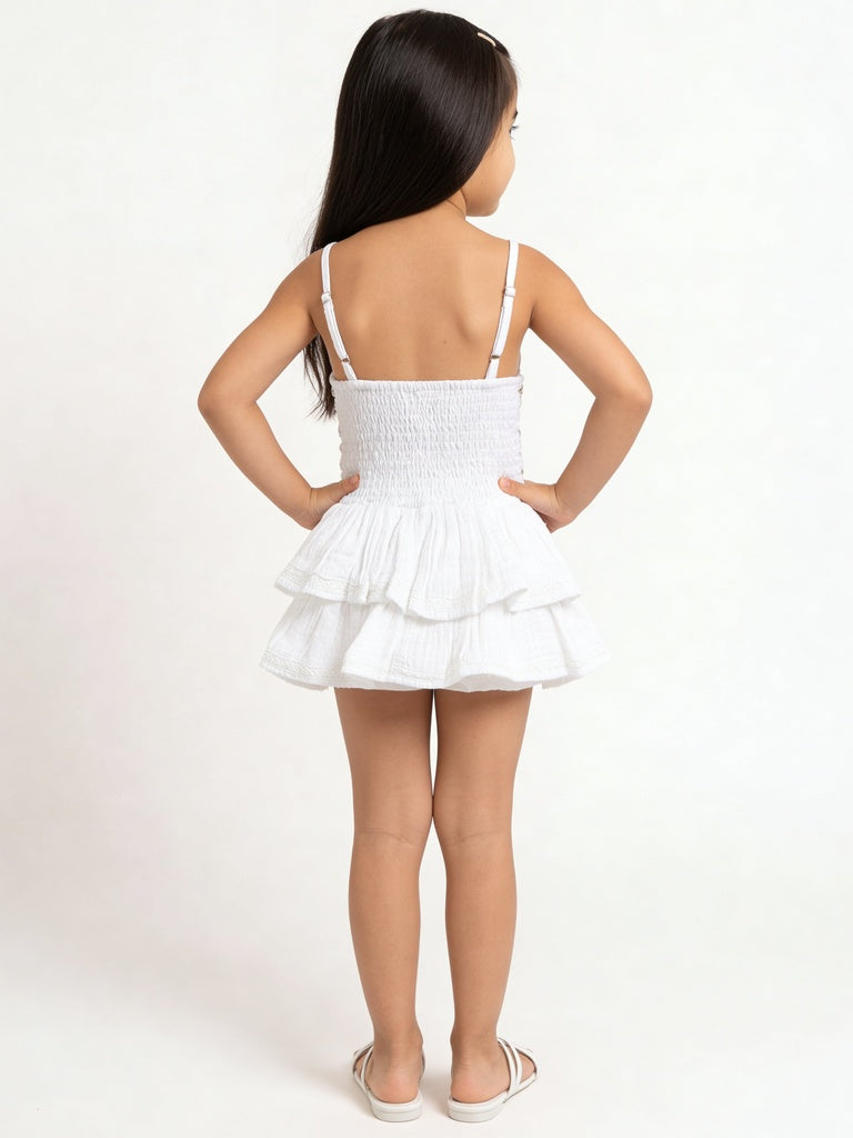 HOP Kids Girls Off-White Embroidered Floral Cotton Dress