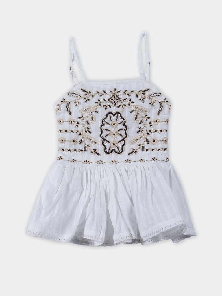 HOP Kids Girls Off-White Embroidered Floral Cotton Dress