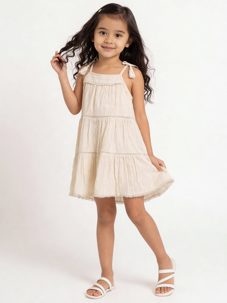 HOP Kids Girls Off-White Shimmer Cotton-Blend Tiered Dress