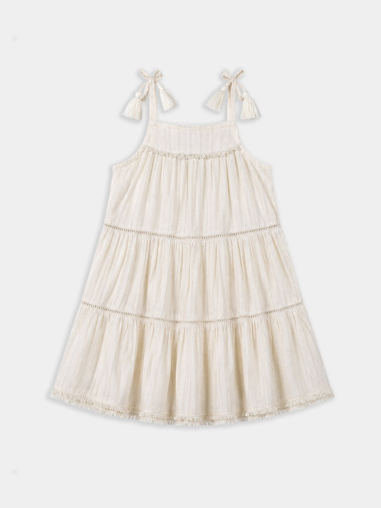 HOP Kids Girls Off-White Shimmer Cotton-Blend Tiered Dress