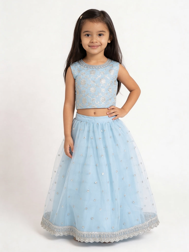 Utsa Kids Girls Blue Embroidered Cotton-Blend Top and Net Skirt Set - (2-8 yrs)