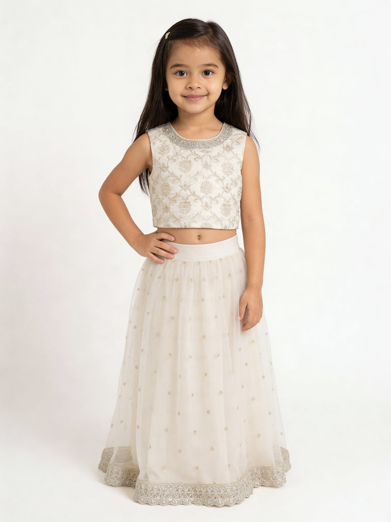 Utsa Kids Girls Off-White Embroidered Flared Ethnic Lehenga Set - (2- 8 yrs)