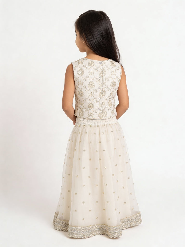 Utsa Kids Girls Off-White Embroidered Flared Ethnic Lehenga Set - (2- 8 yrs)