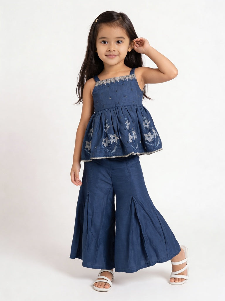 Utsa Kids Girls Indigo Embroidered Peplum Top With Sharara And Dupatta Set - (2-8 yrs)
