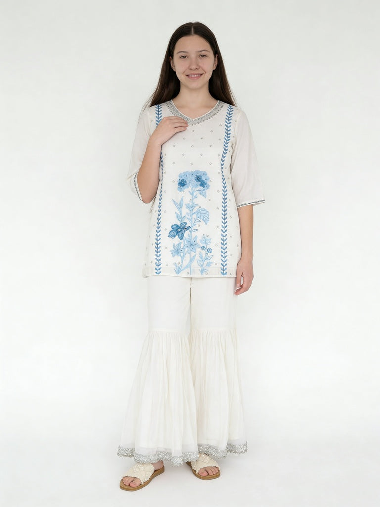 Utsa Kids Girls White Floral Embroidered Cotton-Blend Sharara Ethnic Set - (8-14 yrs)