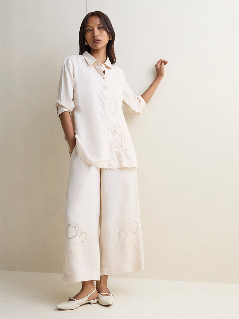 Zuba Off-White Floral Embroidered Linen-Blend Tunic