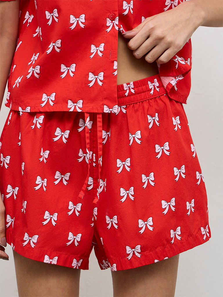Superstar Red Bow-Printed High-Rise Cotton Shorts