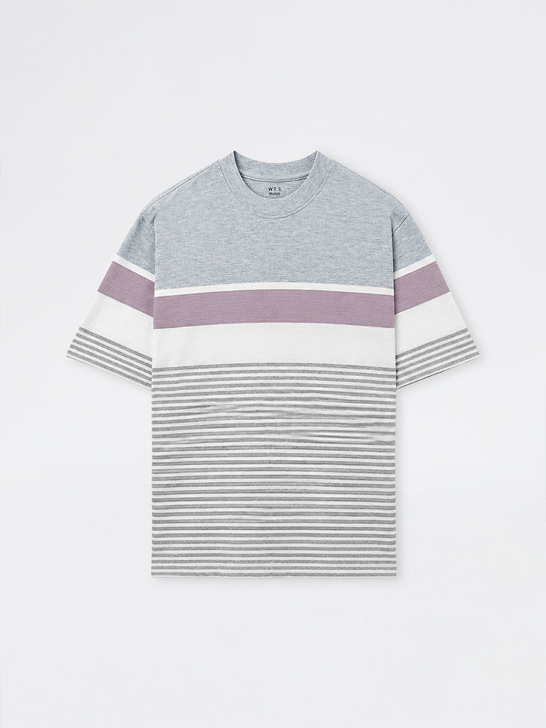 WES Lounge Grey Striped Printed Relaxed-Fit Cotton-Blend T-Shirt