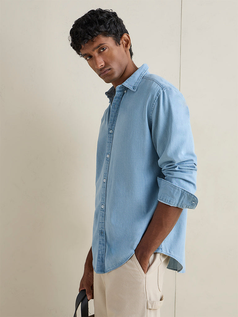 WES Casuals Light Blue Relaxed-Fit Denim Shirt