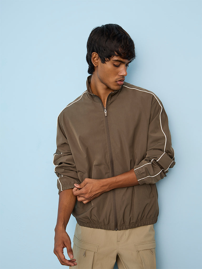 Nuoflexx Taupe Piping-Detail Relaxed-Fit Jacket