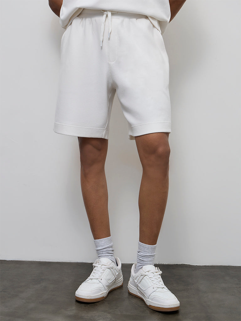 Nuoflexx White Ribbed-Textured Relaxed-Fit Mid-Rise Shorts