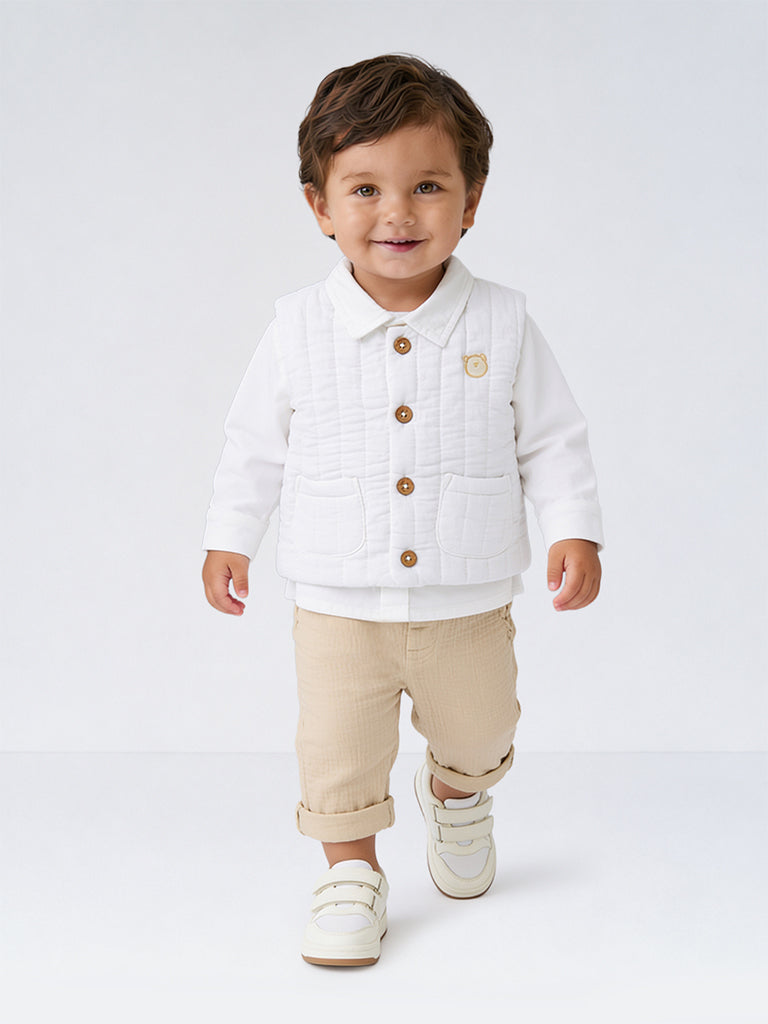 HOP Baby Boys White Cotton Shirt, Waistcoat, and Pants Set