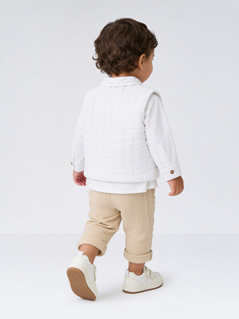 HOP Baby Boys White Cotton Shirt, Waistcoat, and Pants Set