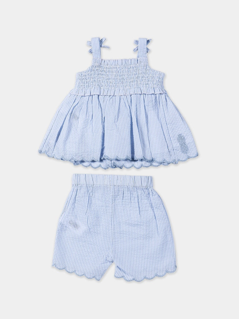HOP Baby Girls Blue Striped Cotton-Blend Top and Shorts Set