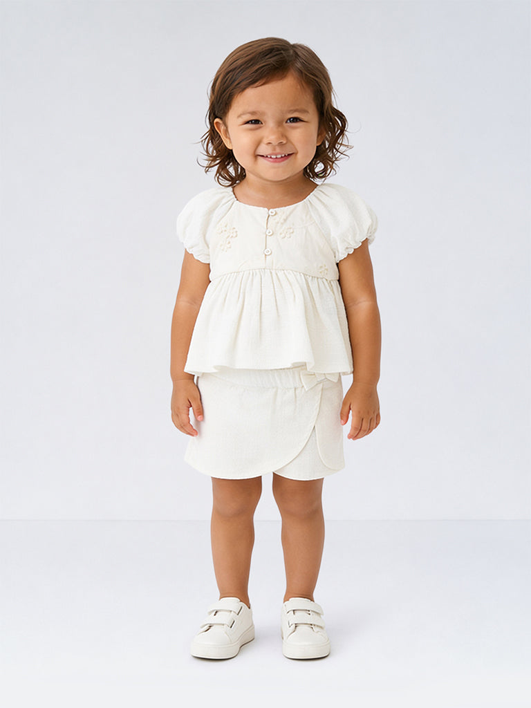 HOP Baby Girls White Embroidered Cotton Dress with Shorts Set