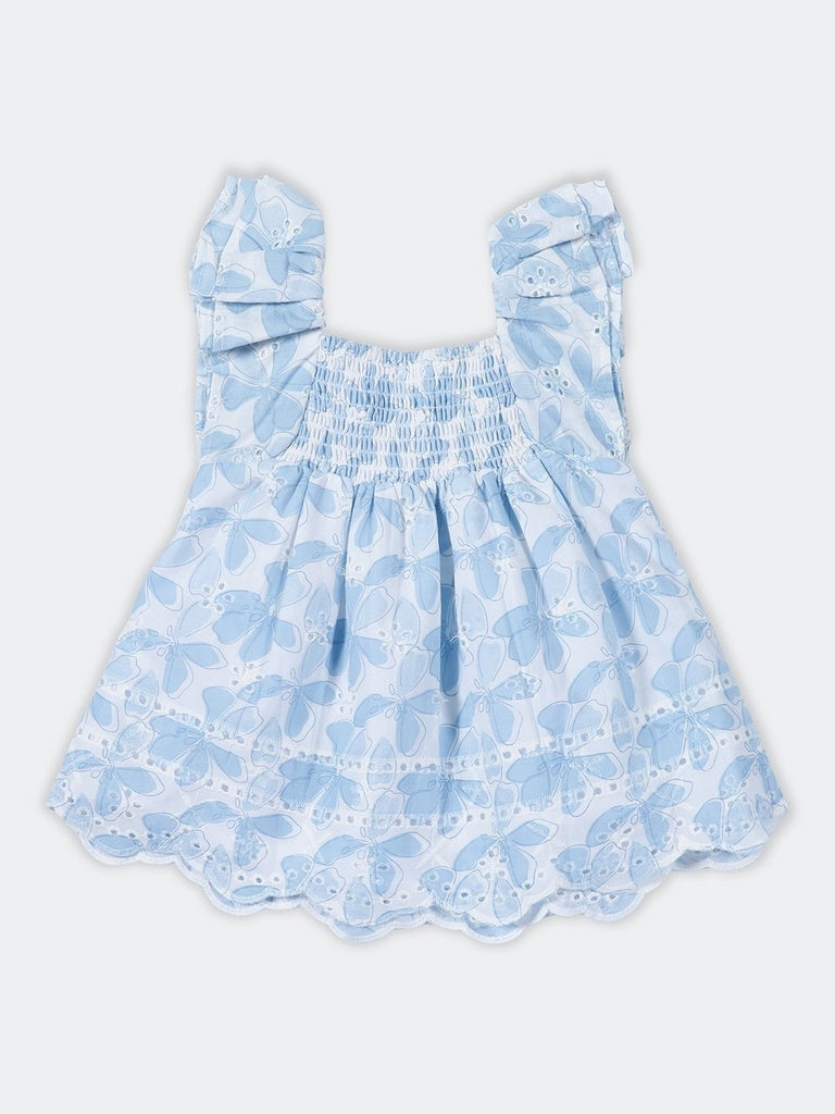 HOP Baby Girls Blue Printed Cotton-Blend Fit and Flare Dress