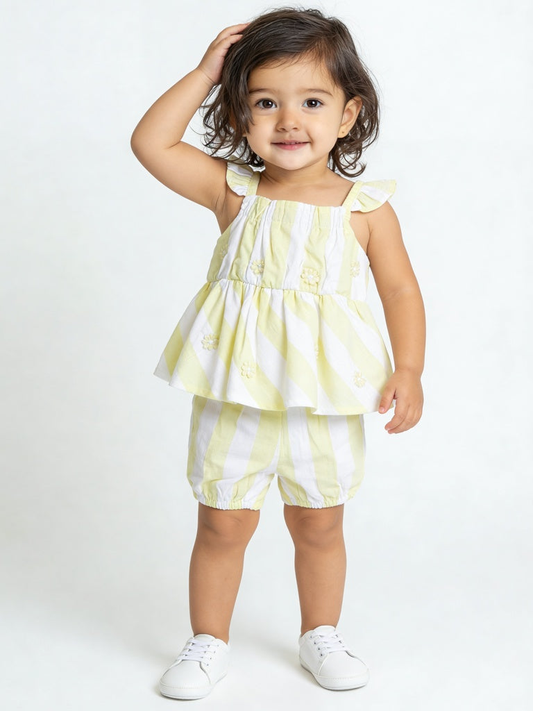 HOP Baby Girls Lime Striped Cotton Peplum Top and Shorts Set