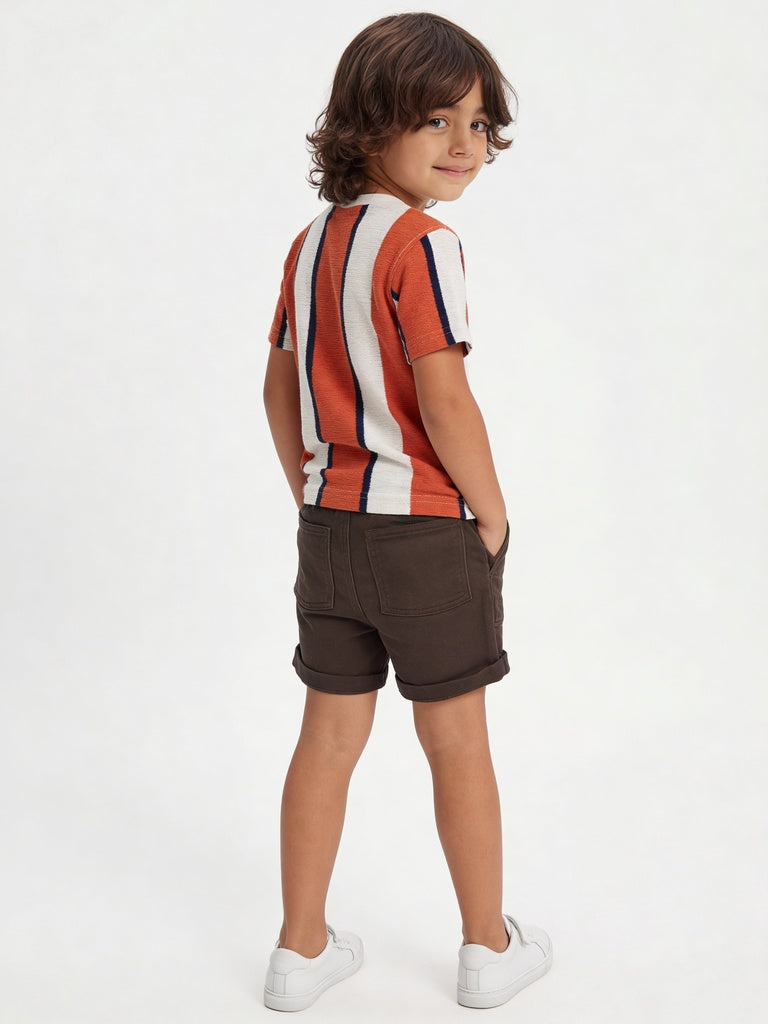 HOP Kids Boys Dusty Orange Striped Cotton-Blend T-Shirt