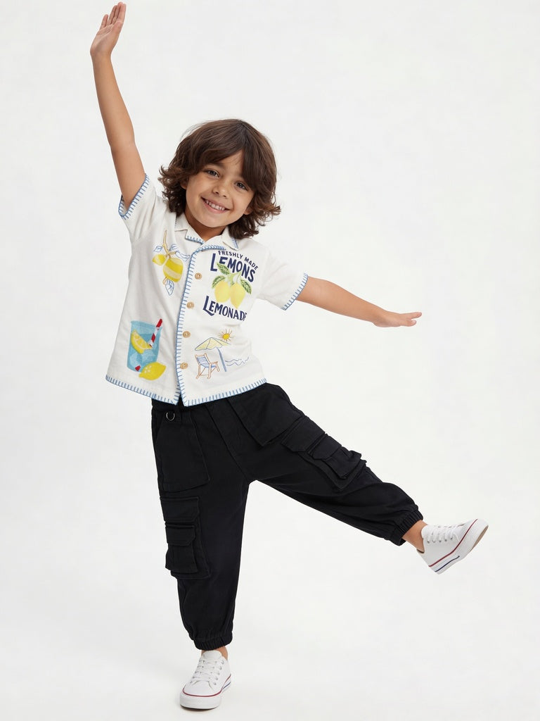 HOP Kids Boys Off-White Printed Cotton Shirt