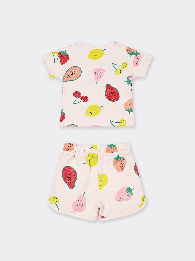 HOP Kids Girls Light Peach Fruit Printed Cotton T-Shirt and Shorts Set