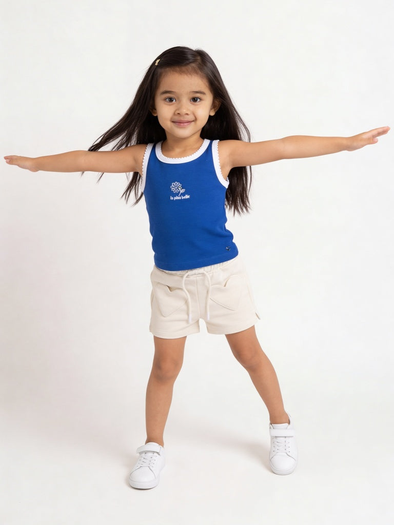 HOP Kids Girls Blue Ribbed Embroidered Cotton-Blend Tank Top