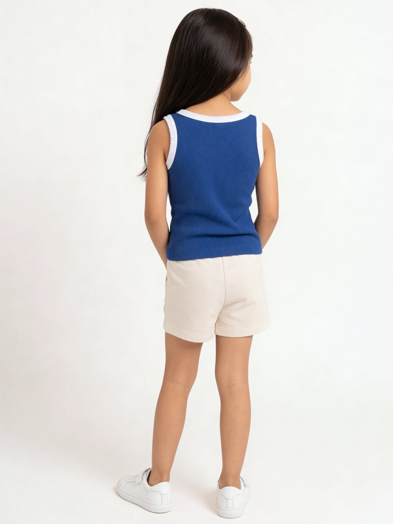 HOP Kids Girls Blue Ribbed Embroidered Cotton-Blend Tank Top