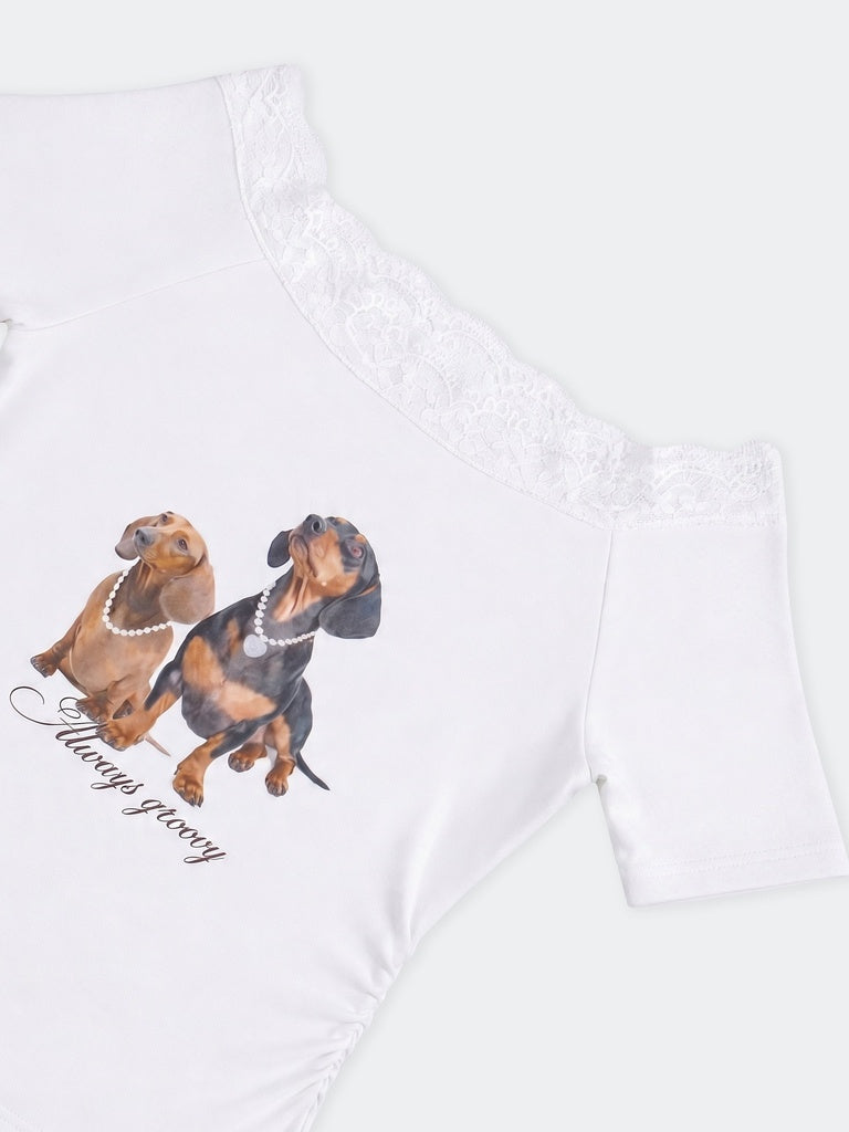 Girls White Printed Cotton-Blend T-Shirt
