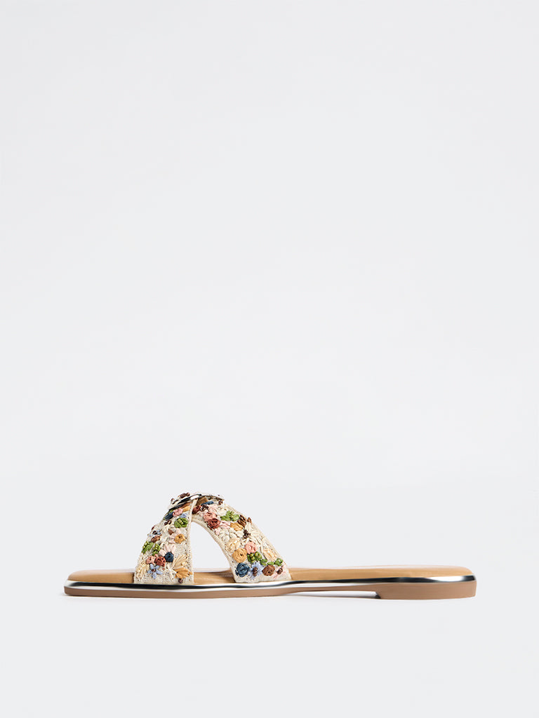 LUNA BLU Multicolour Floral Embroidered Criss-Cross Strap Slides