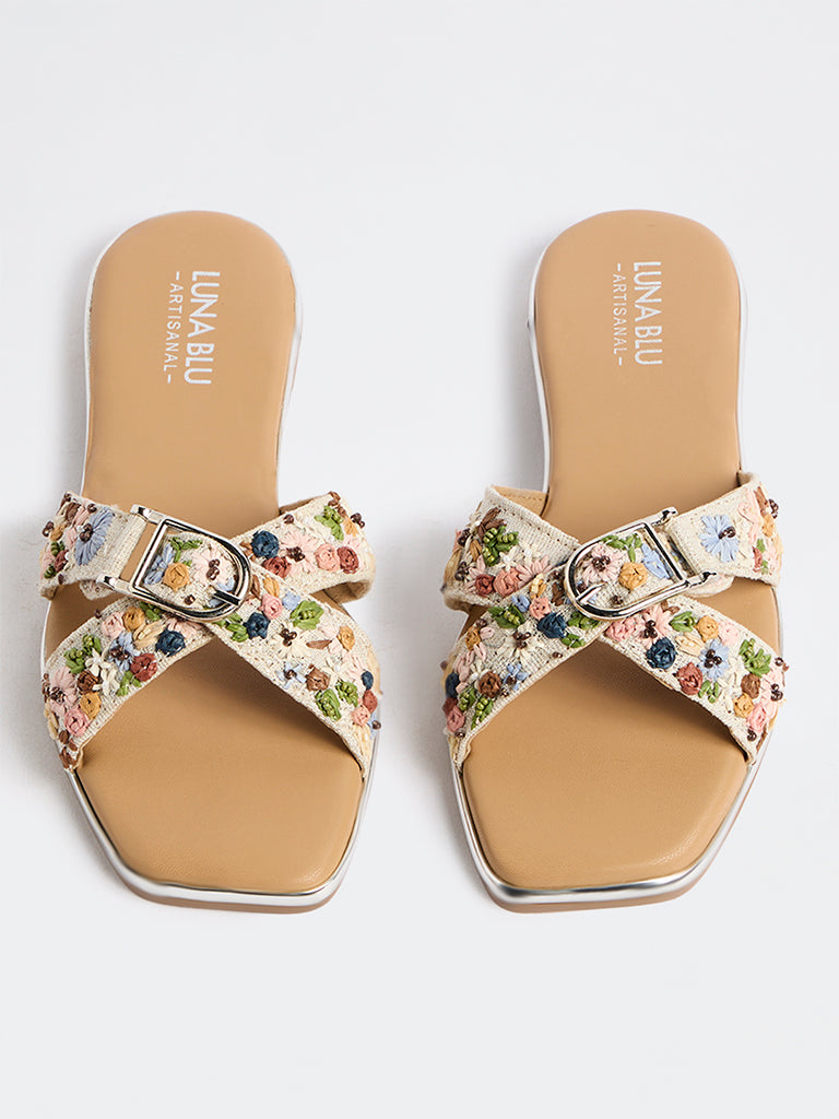 LUNA BLU Multicolour Floral Embroidered Criss-Cross Strap Slides