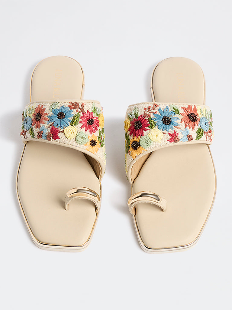 LUNA BLU Beige Floral Embroidered Sandals