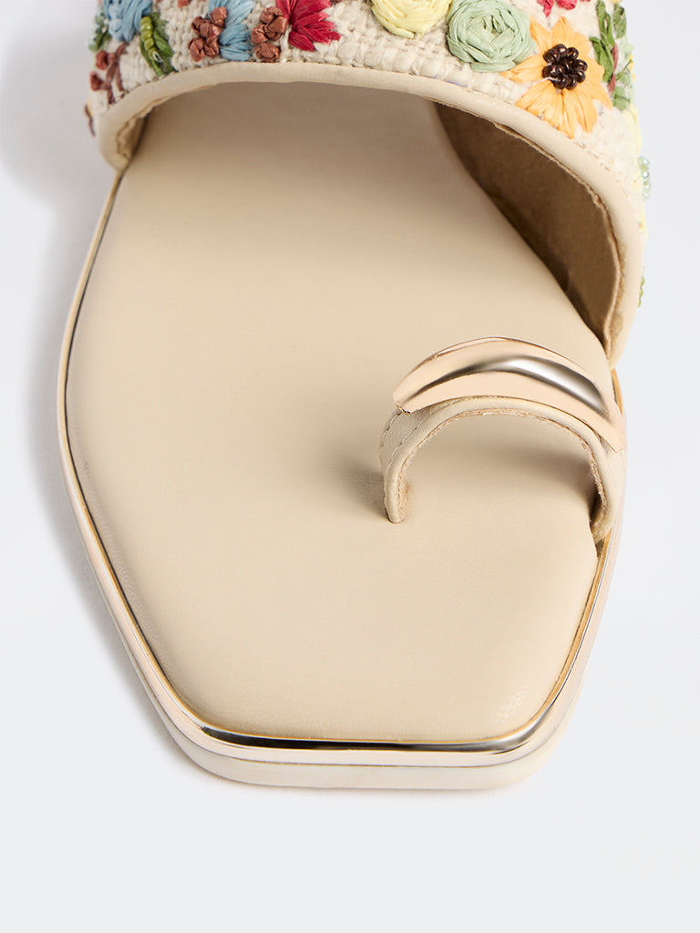 LUNA BLU Beige Floral Embroidered Sandals