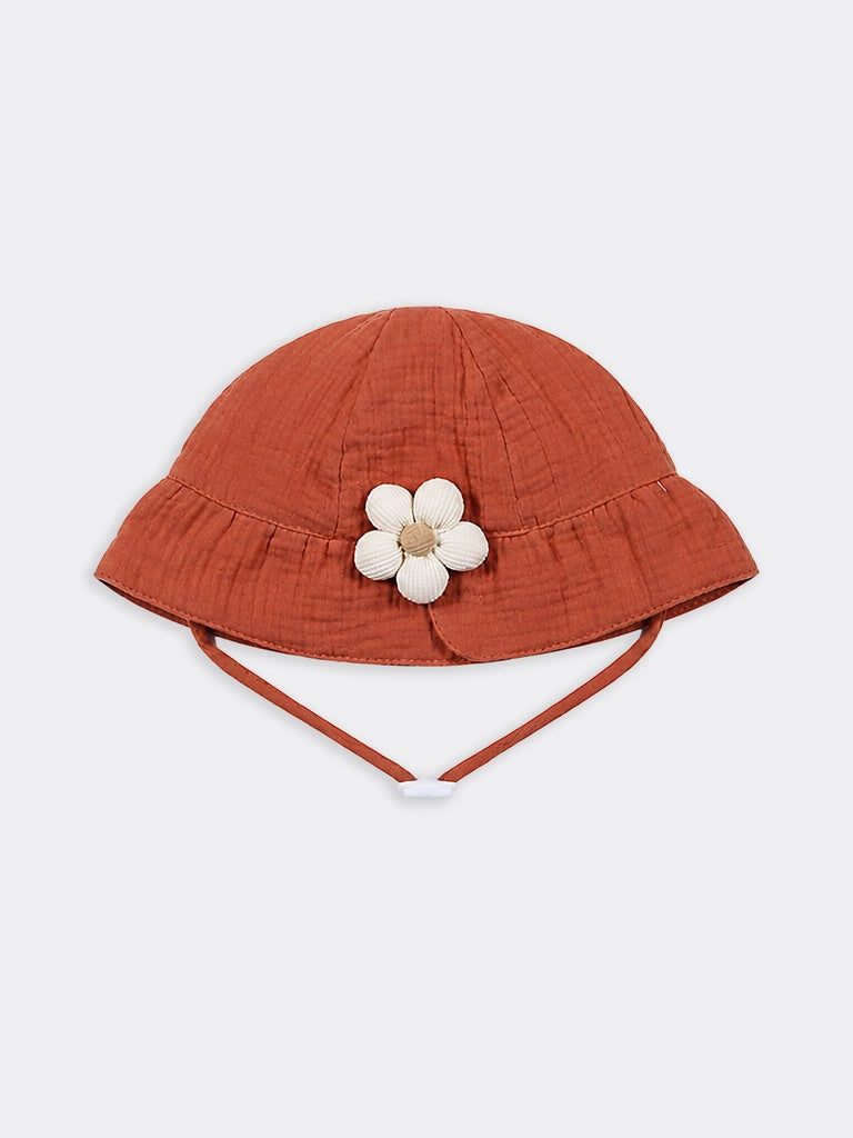 HOP Kids Girls Rust Flower Applique Textured Cotton Wide Brim Bucket Hat