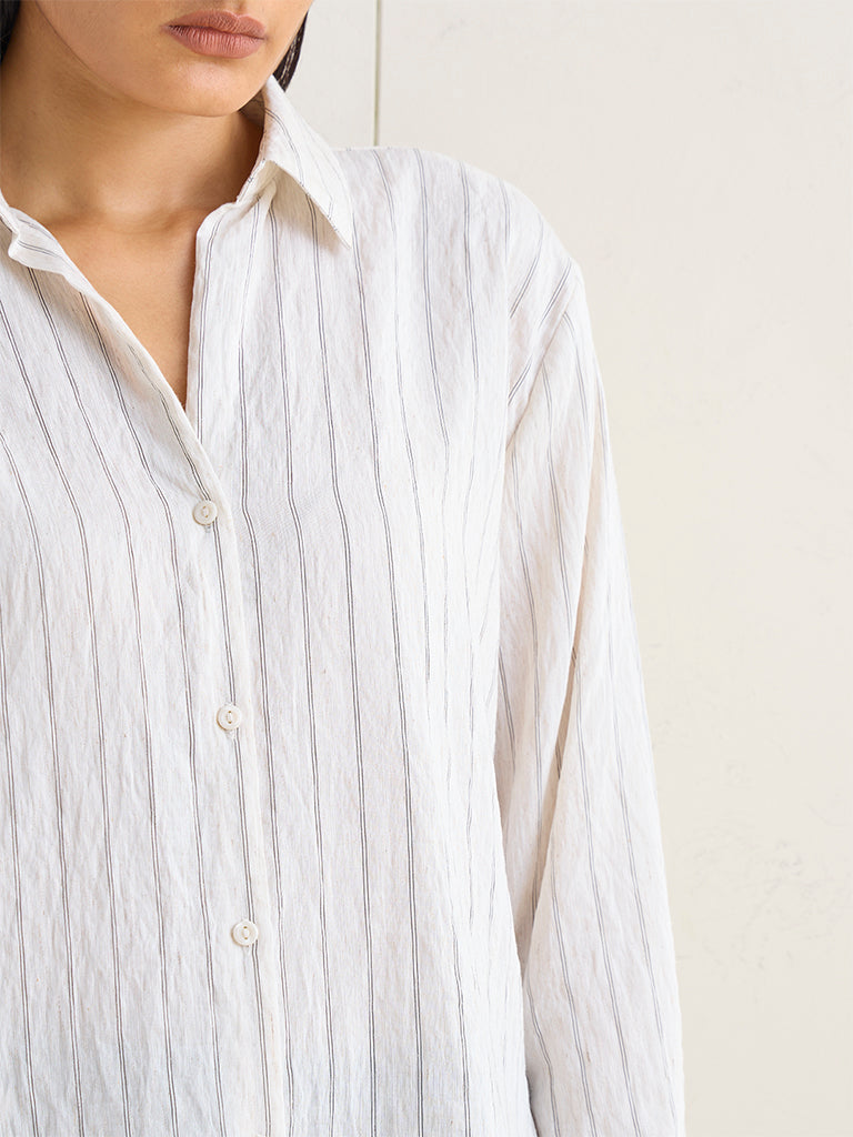 Wardrobe Ivory Striped Linen-Blend Shirt