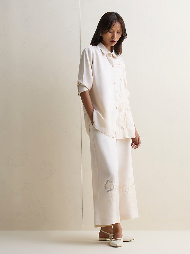 Zuba Off-White Floral Embroidered Linen-Blend Pants