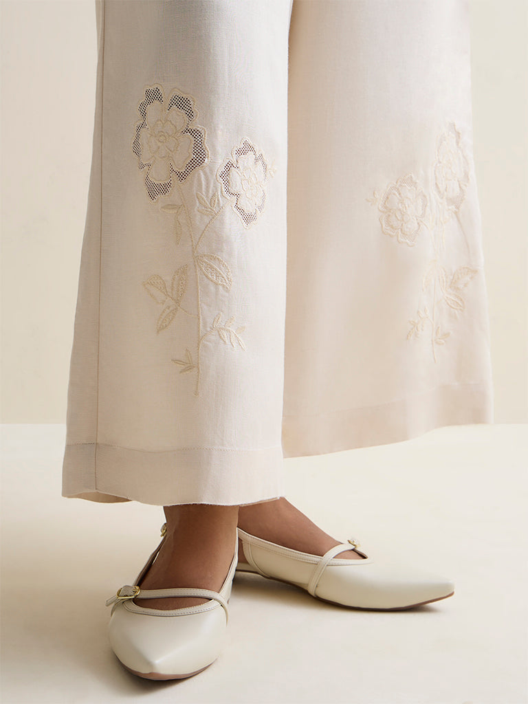 Zuba Off-White Floral Embroidered Linen-Blend Pants