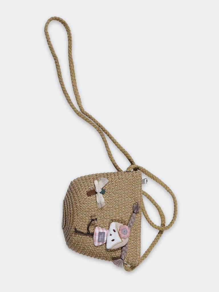 HOP Kids Girls Brown Doll Applique Textured Straw Sling Bag